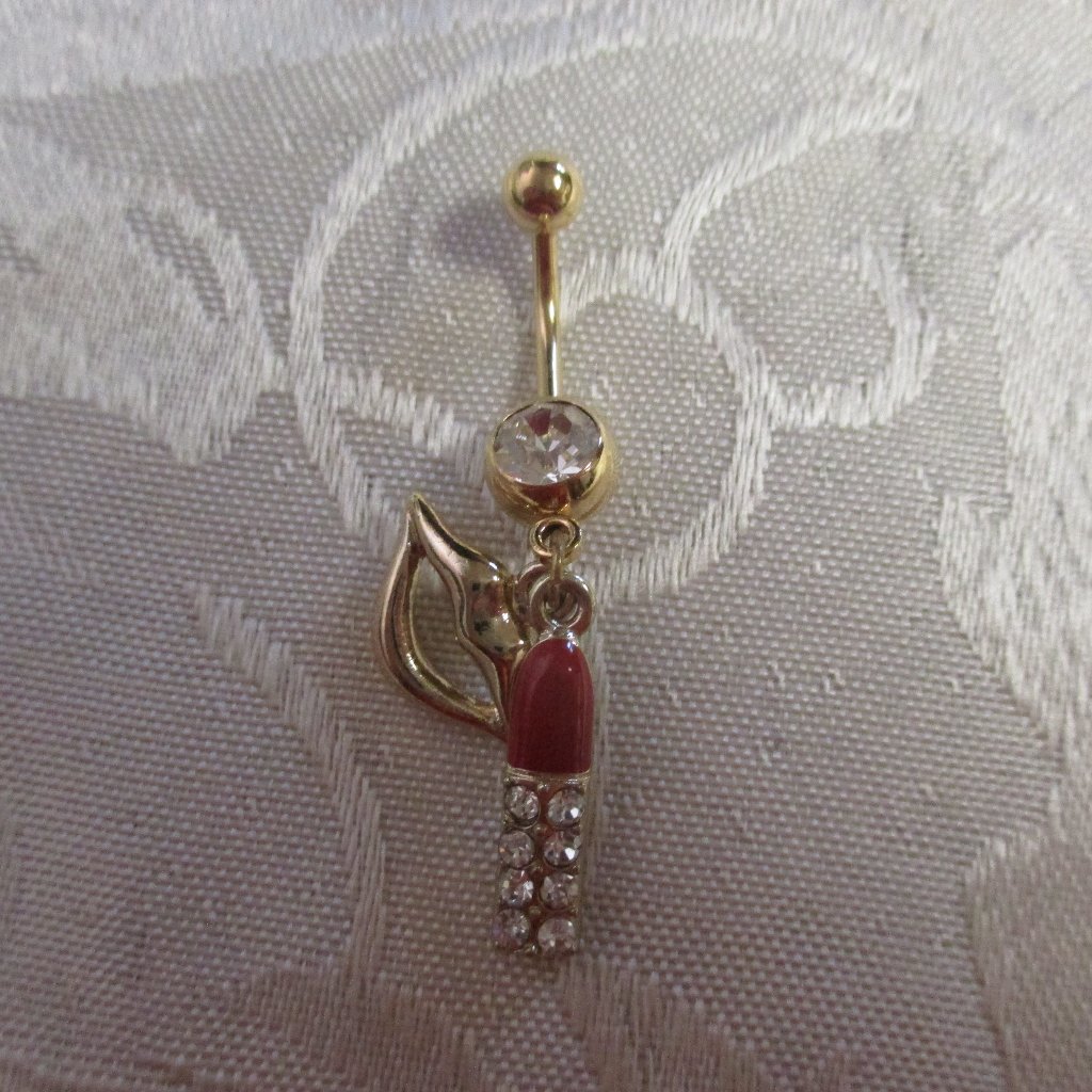 Gold Dangle Crystal Lip And Lipstick Belly Ring Gold Dangle Crystal Lip And Lipstick Belly Ring